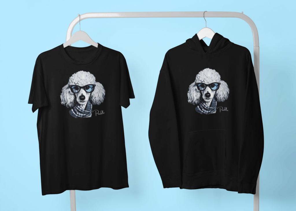 Poodles, image of a cute tshirt and hoodie with a poodle wearing glasses and a scarf - ad link