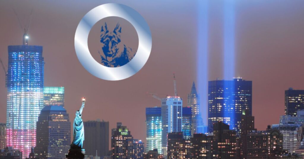 9/11 Twin Tower Lights with skyline of New York and Dog outline in sky