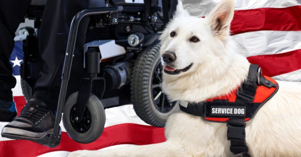 Service dog and veteran in a wheelchair with American flag background